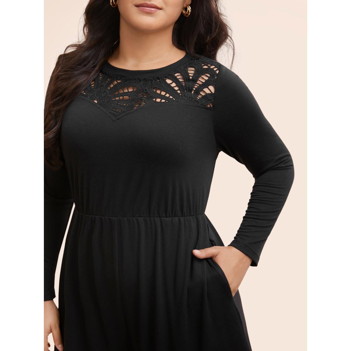 Plus Size Black Crew Neck Crochet Lace Cut Out Jumpsuit Women Resort Long Sleeve Round Neck Vacation Loose Jumpsuits BloomChic 22-24/3X Product Image