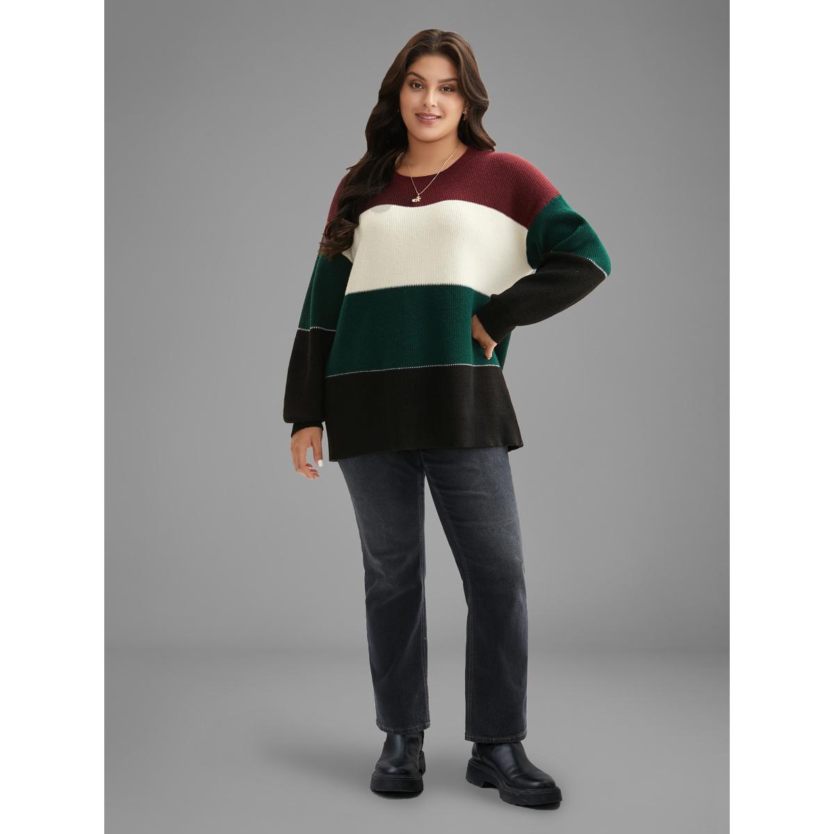 Plus Size Supersoft Essentials Holiday Color Block Pullover Multicolor Women Leisure Loose Long Sleeve Round Neck Casual Pullovers BloomChic 28/5X Product Image
