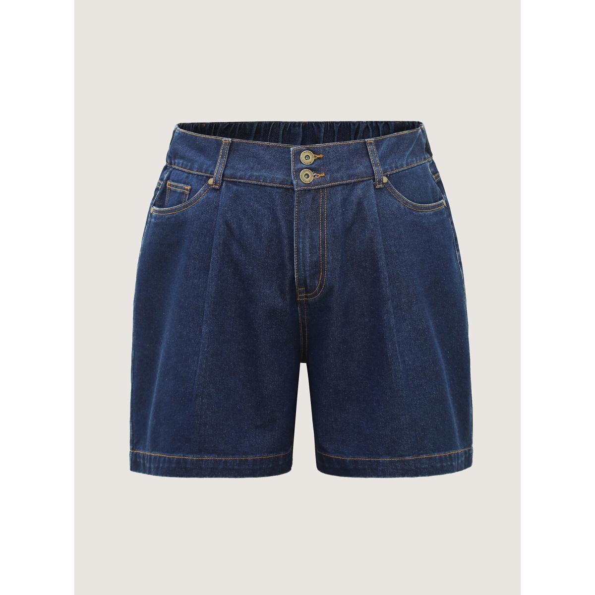 Plus Size Stretchy Waist Straight-Leg Denim Shorts Women Midblue No stretch Casual Slanted pocket Casual Denim Shorts BloomChic 18/2X Product Image