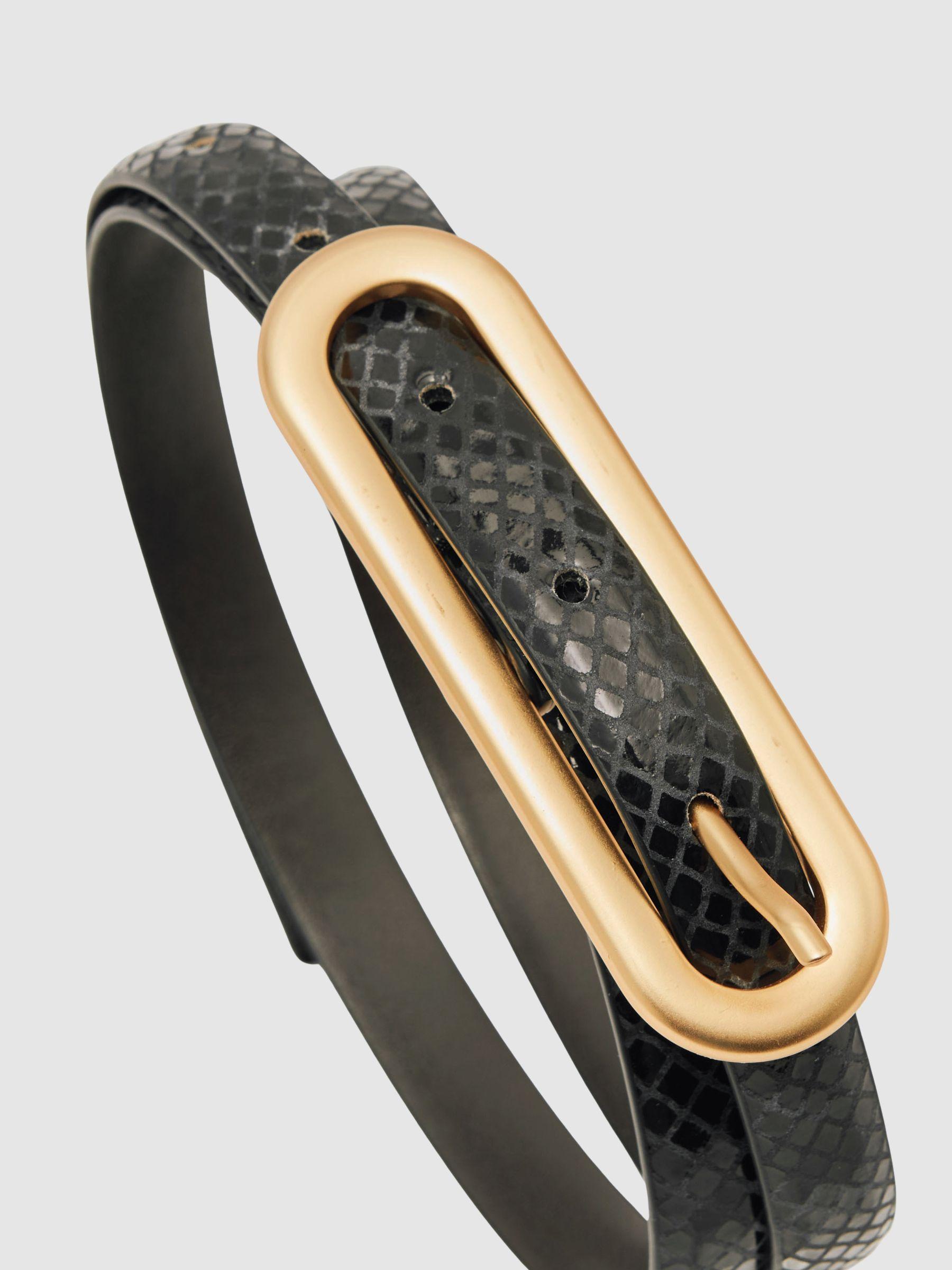 Leather Elongated-Buckle Skinny Belt in Black Product Image