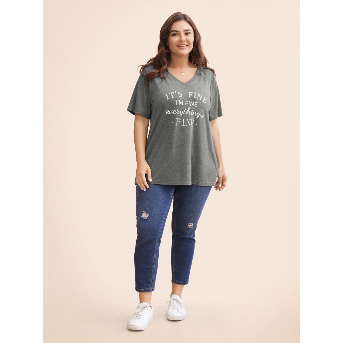 Plus Size Letter Print V Neck T-shirt DimGray Women Casual Positive slogan Dailywear T-shirts BloomChic 18-20/2X Product Image