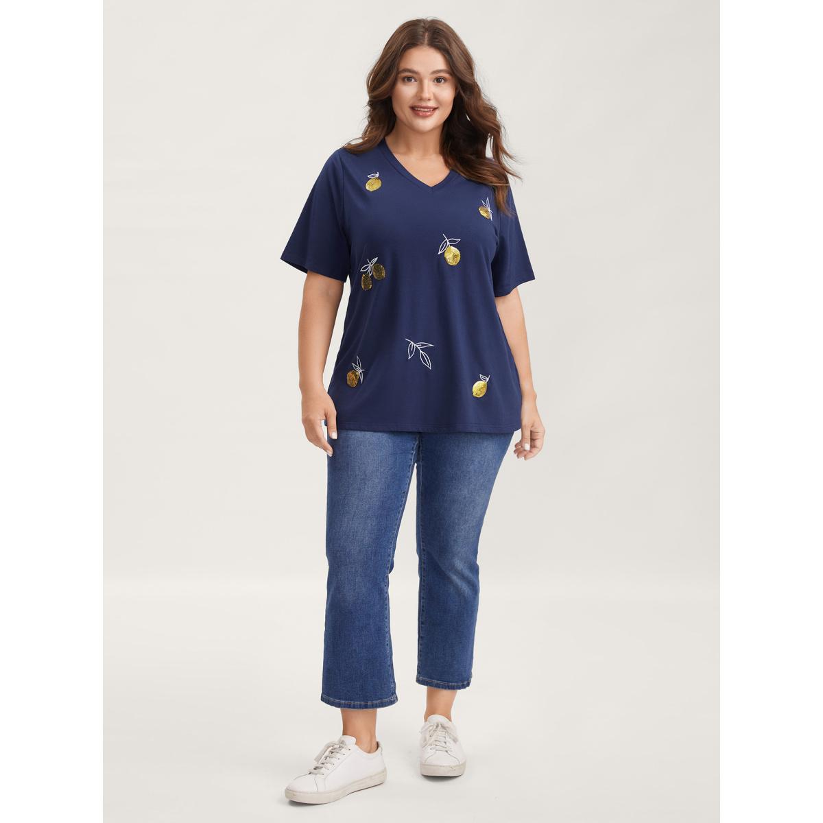 Plus Size Citrus Embroidered Shimmery Solid T-Shirt Indigo Women Embroidered V-neck Everyday-Casual T-shirts BloomChic 18-20/2X Product Image