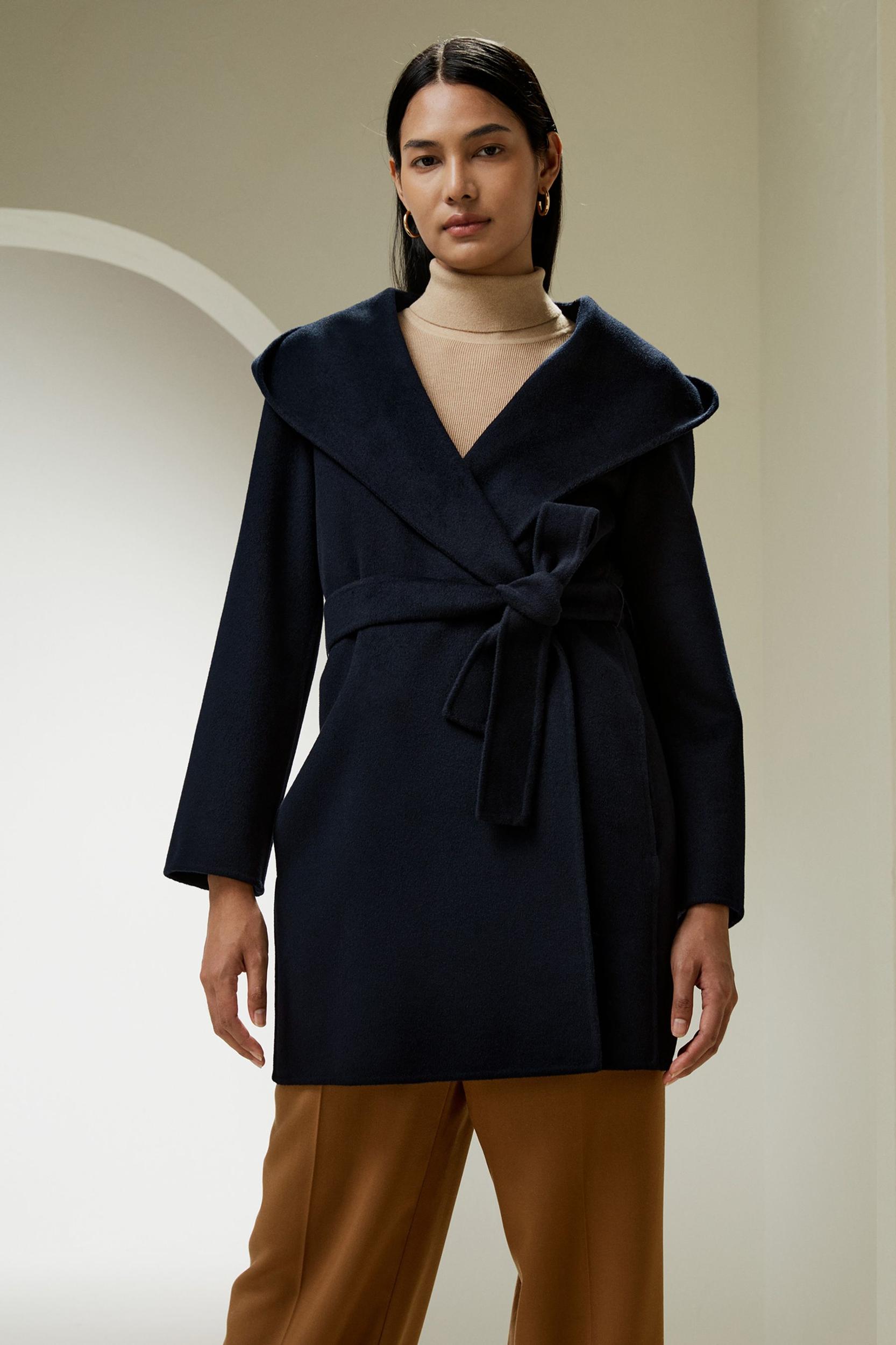 LILYSILK Womens Coats Navy Blue Cashmere Wool Comfortable Hooded Coat M Product Image