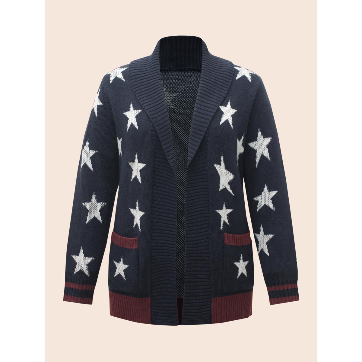 Plus Size Star Contrast Patched Pocket Cardigan Indigo Women Casual Loose Long Sleeve Everyday Cardigans BloomChic 18-20/2X Product Image