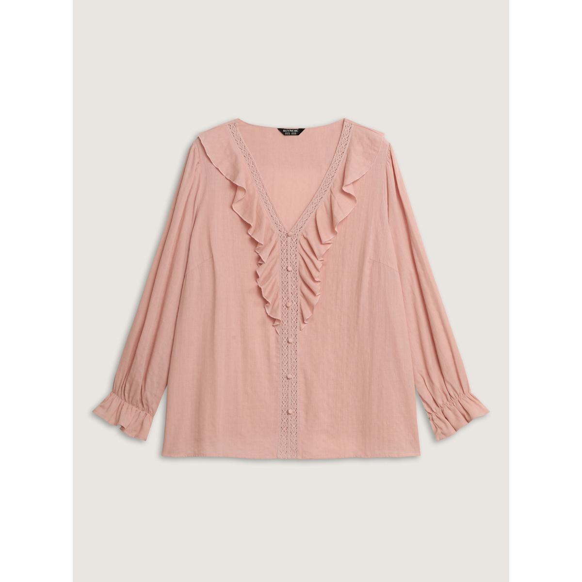 Plus Size Nudepink Textured Ruffled V-Neck Blouse Women Timeless Long Sleeve V-neck Elegant Blouses BloomChic 28/5X Product Image