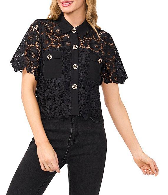 CeCe Lace Collared Short Sleeve Patch Pocket Button Front Top Product Image