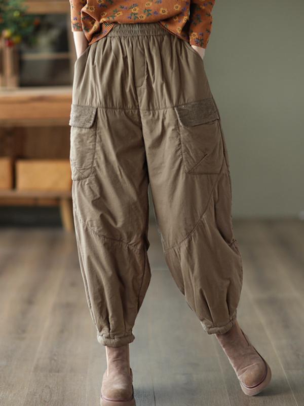 Vintage Loose Split-Joint Solid Color Elastic Waist Padded Harem Pants Product Image