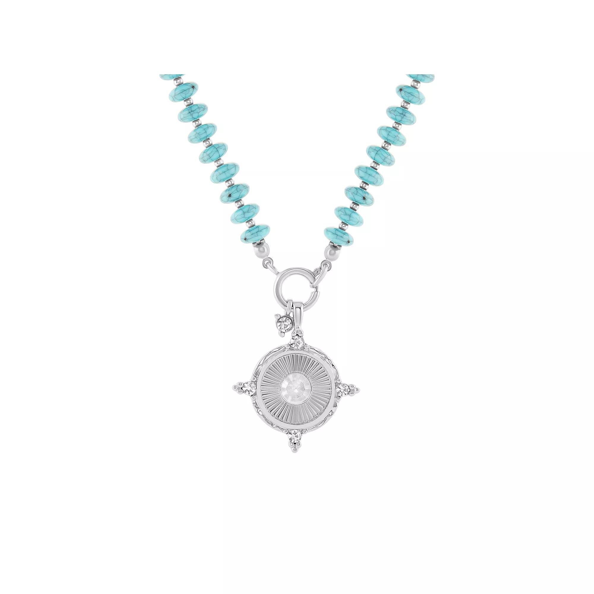 Emberly Silver Tone Textured Coin & Simulated Turquoise Bead Pendant Necklace, Women's, Blue Product Image