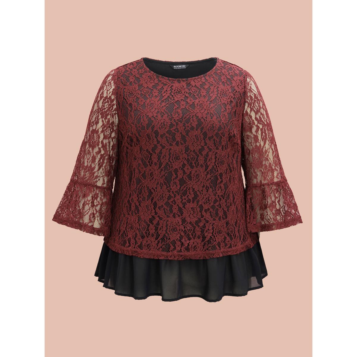 Plus Size Burgundy Round Neck Contrast Lace Ruffled Sleeve Blouse Women Elegant Elbow-length sleeve Round Neck Everyday Blouses BloomChic 12/L Product Image