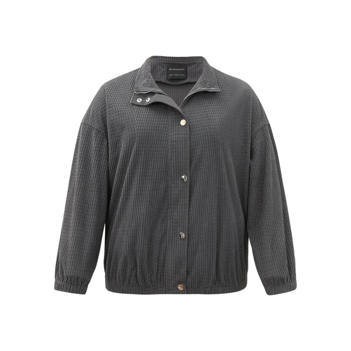 Plus Size Solid Texture Button Through Pocket Shacket Women Gray Elastic cuffs Pocket Everyday Jackets BloomChic 26/4X Product Image