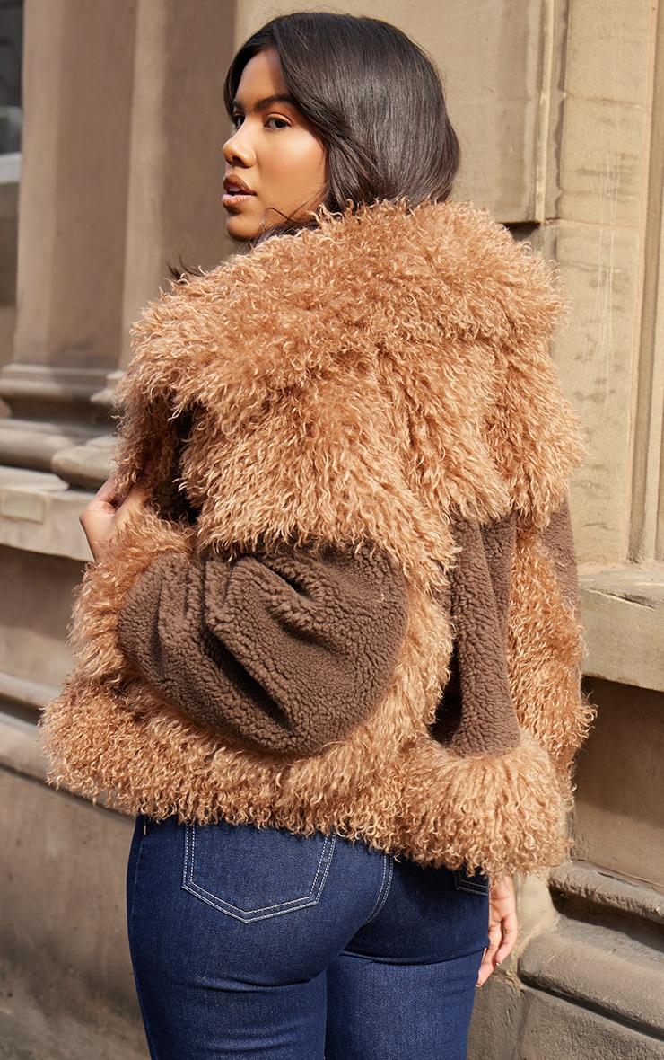 Brown Faux Fur Contrast Teddy Aviator Jacket Product Image