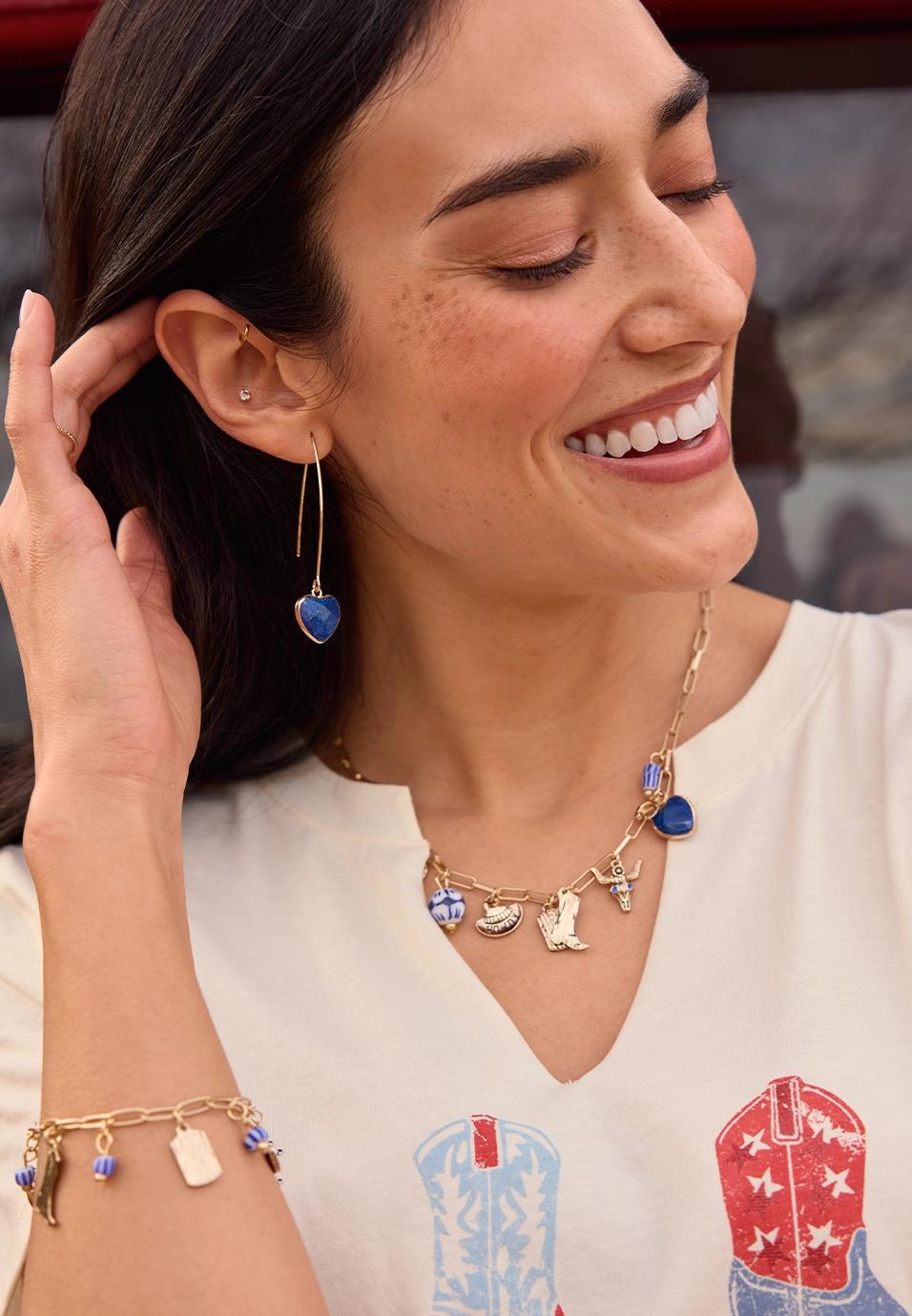 Americana Blue Heart Wire Drop Earrings Product Image