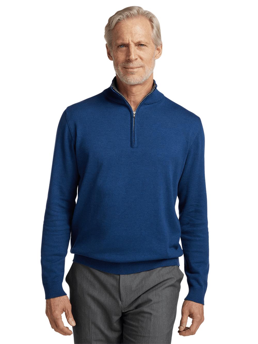 Supima Cotton Quarter Zip Mock Neck Sweater - Dark Blue Product Image