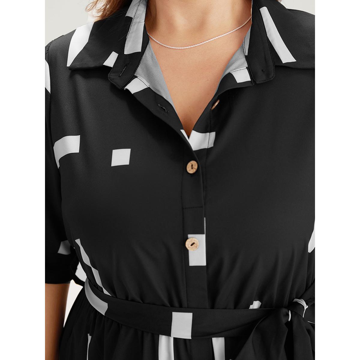 Plus Size Geometric Print Shirt Collar Button Up Belted Dress Black Women Office Belted Shirt collar Short sleeve Curvy Midi Dress BloomChic 30/6X Product Image