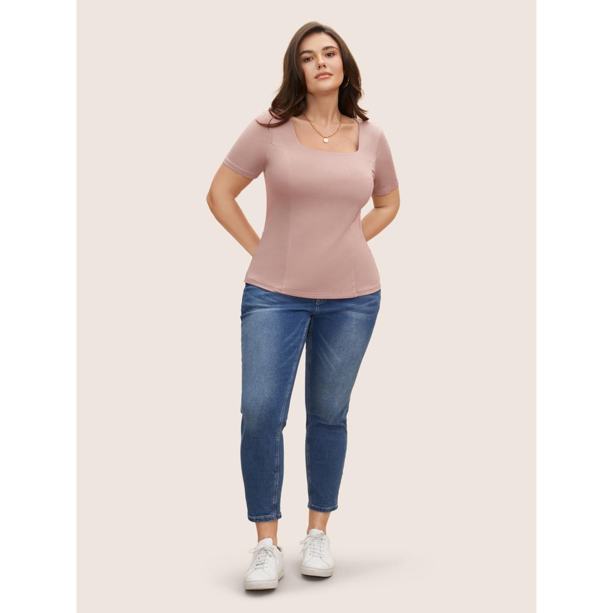 Plus Size Square Neck Solid Rib Knit T-shirt Dirtypink Women Casual Non Square Neck Bodycon Everyday T-shirts BloomChic 14-16/1X Product Image