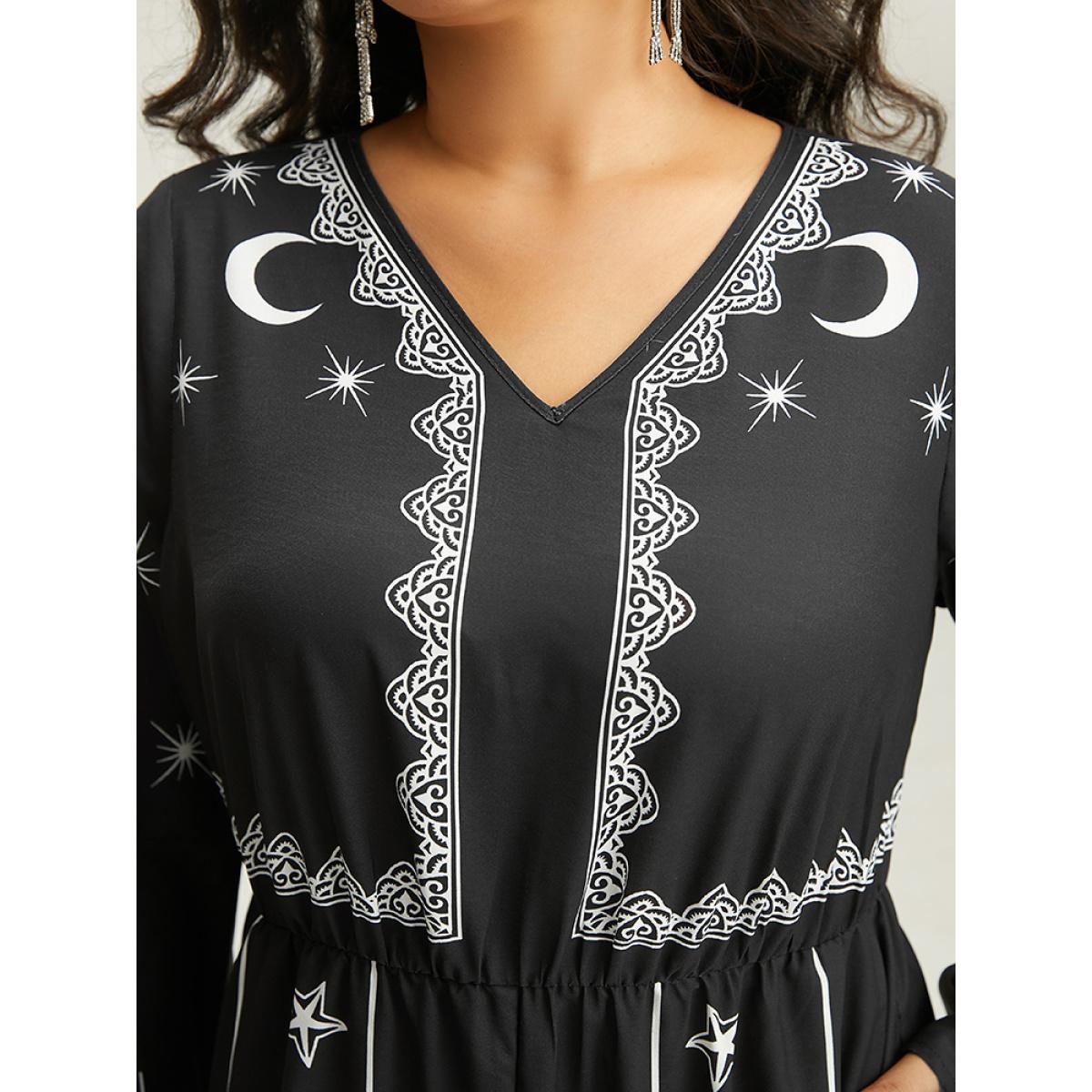 Plus Size Black Halloween Moon & Star Elastic Waist Bell Sleeve Jumpsuit Women Casual Long Sleeve V-neck Festival-Halloween Loose Jumpsuits BloomChic 18-20/2X Product Image