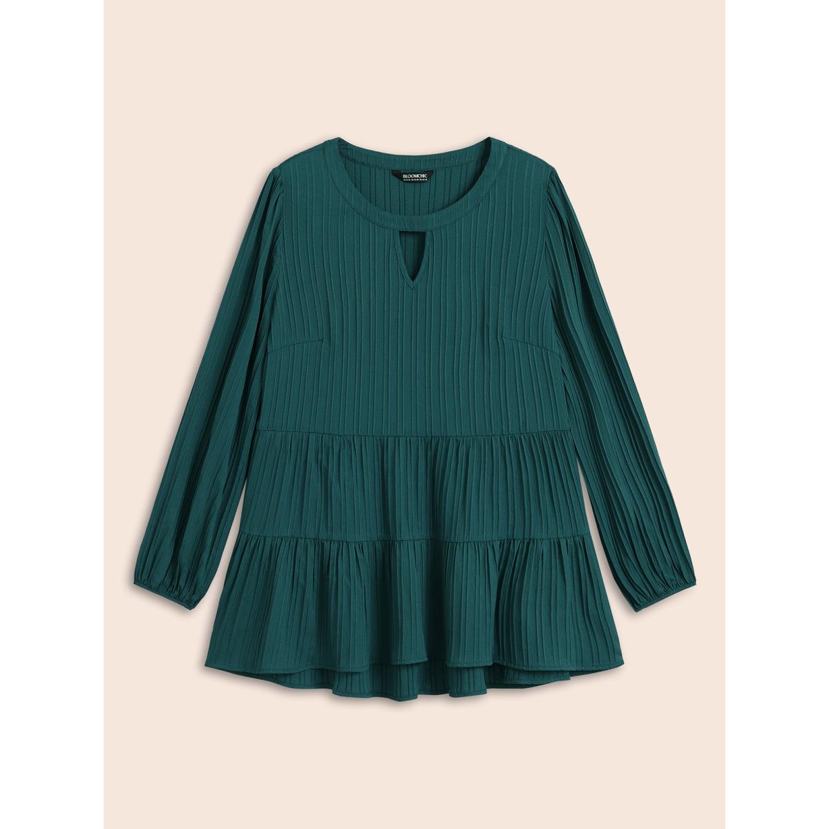 Plus Size Cyan Textured Keyhole Pocket Lantern Sleeve Blouse Women Elegant Long Sleeve Flat collar Everyday Blouses BloomChic 14-16/1X Product Image