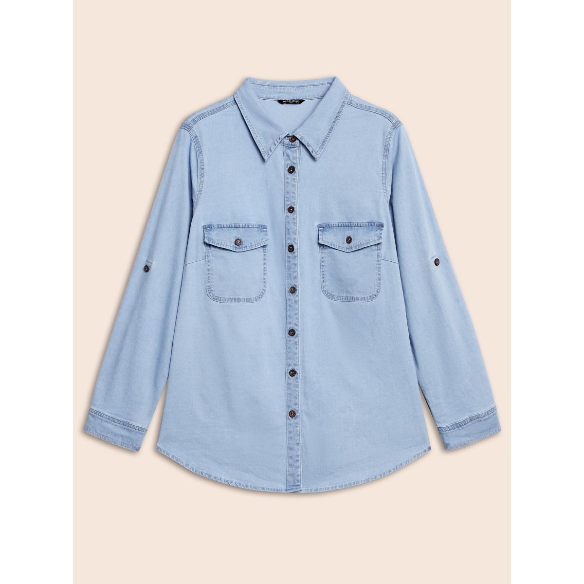 Women Stretch Denim Chest Pockets Jacket Denimblue Plus Size Button Casual Patch pocket Leisure Denim Jackets BloomChic 12/L Product Image