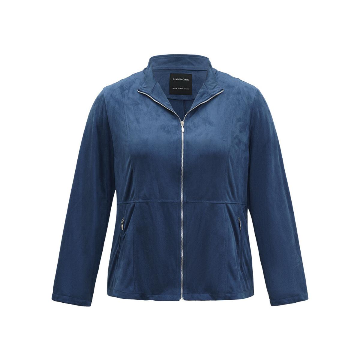 Plus Size Solid Pocket Zipper Jacket Women Indigo Plain Pocket Dailywear Jackets BloomChic 12/L Product Image