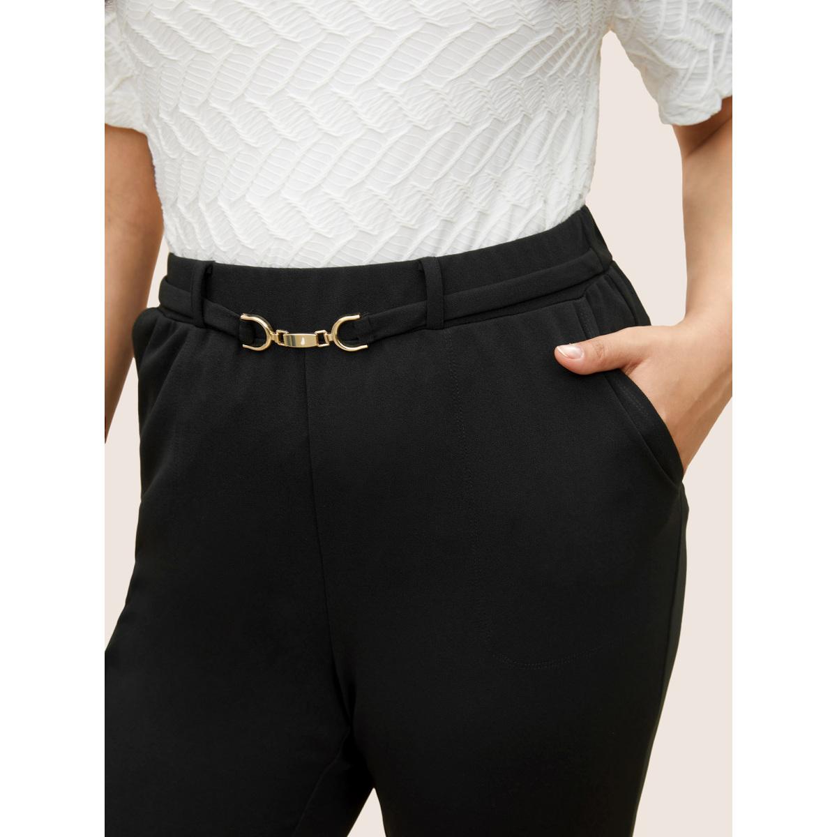 Plus Size Flare Leg Pocket Metal Buckle Detail Pants Women Black At the Office Flare Leg High Rise Work Pants BloomChic 10/M Product Image