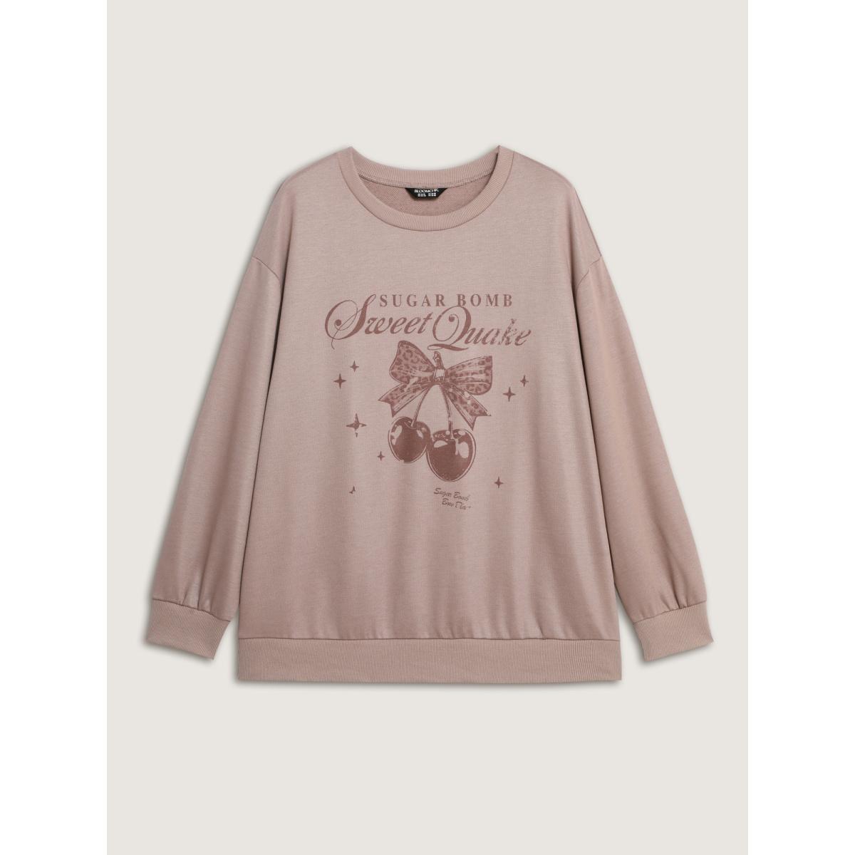 Plus Size Stretchy Vintage Cherry Print Loose Fit Sweatshirt Women LightBrown Leisure Round Neck Casual Sweatshirts BloomChic 10/M Product Image