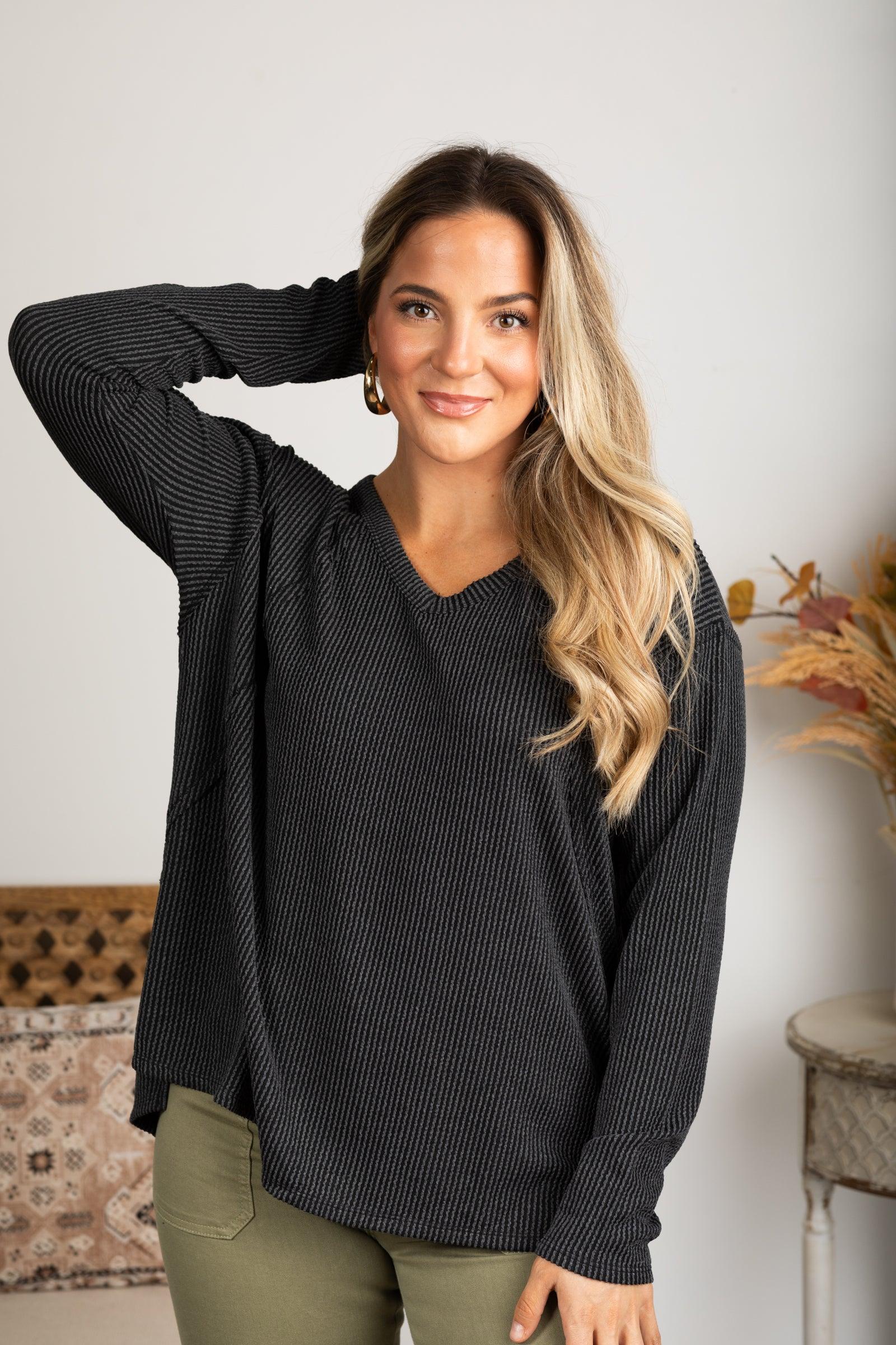 V-Neck Knit Ribbed Long Sleeve Top Product Image