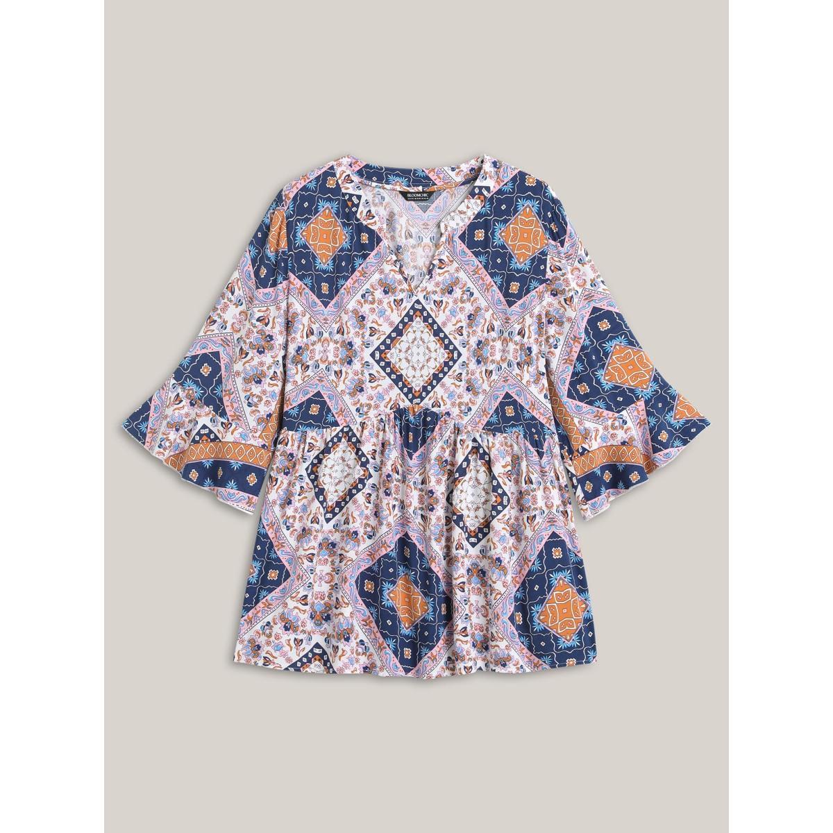 Plus Size Multicolor Boho Collage Print Notched Babydoll Top Women Elbow-length sleeve Notched collar Vacation Blouses BloomChic 22-24/3X Product Image