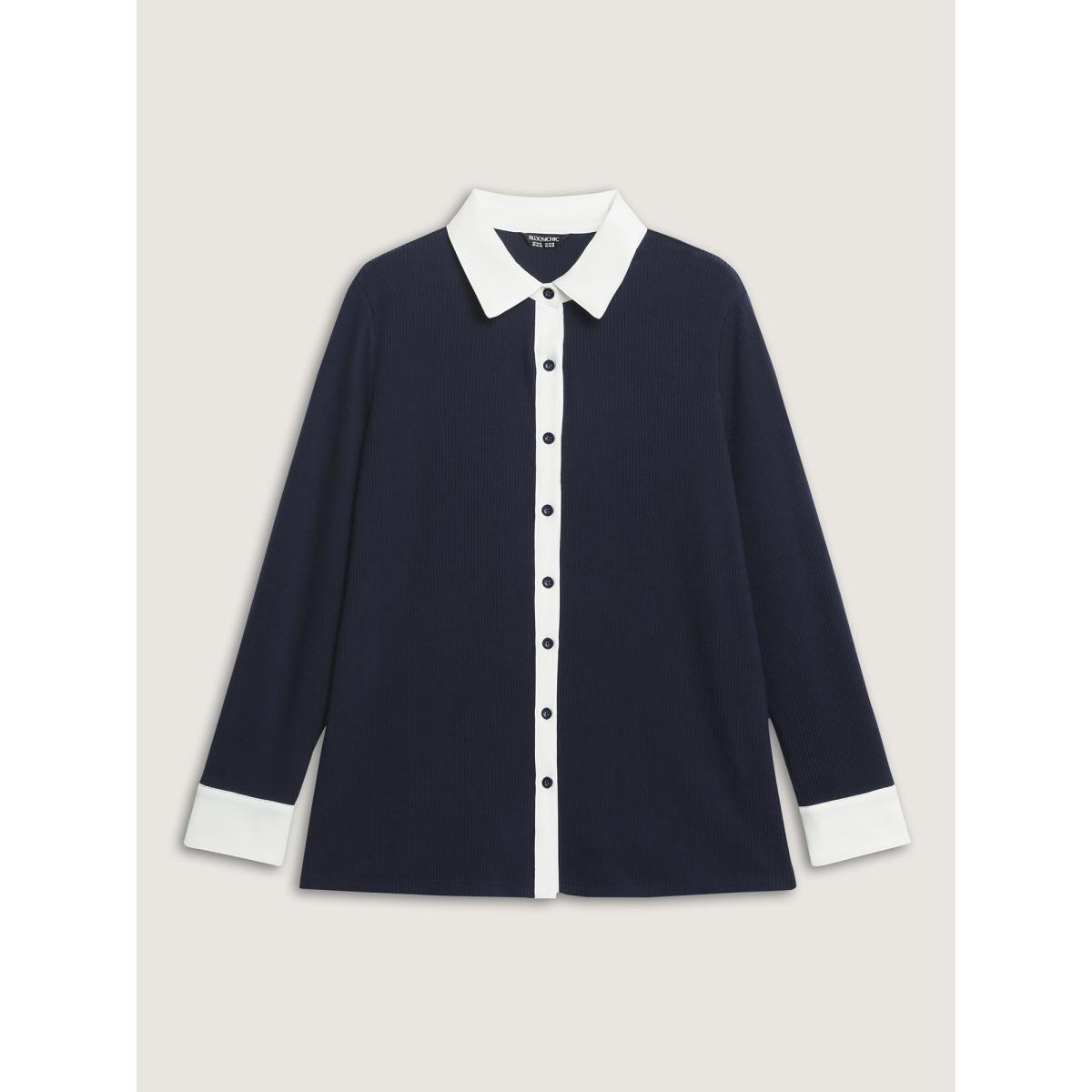 Plus Size Color Contrast Placket Button T-Shirt Indigo Women Office Shirt collar Office T-shirts BloomChic 22-24/3X Product Image