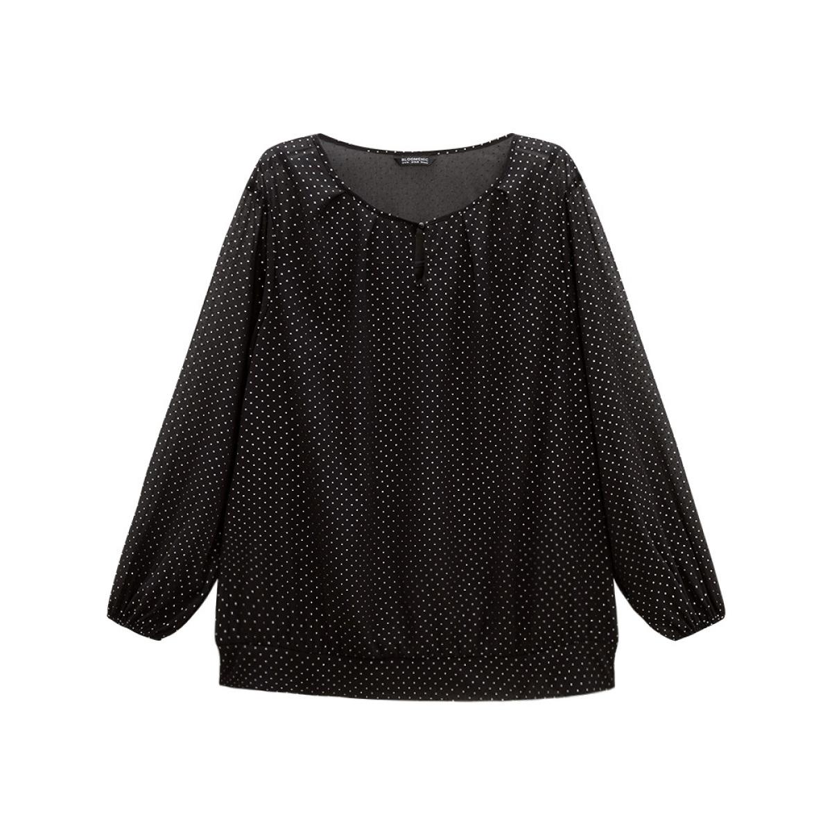 Plus Size BlackFlower Glitter Polka Dot Puff Sleeve Keyhole Blouse Women Elegant Long Sleeve Round Neck Dailywear Blouses BloomChic 18-20/2X Product Image