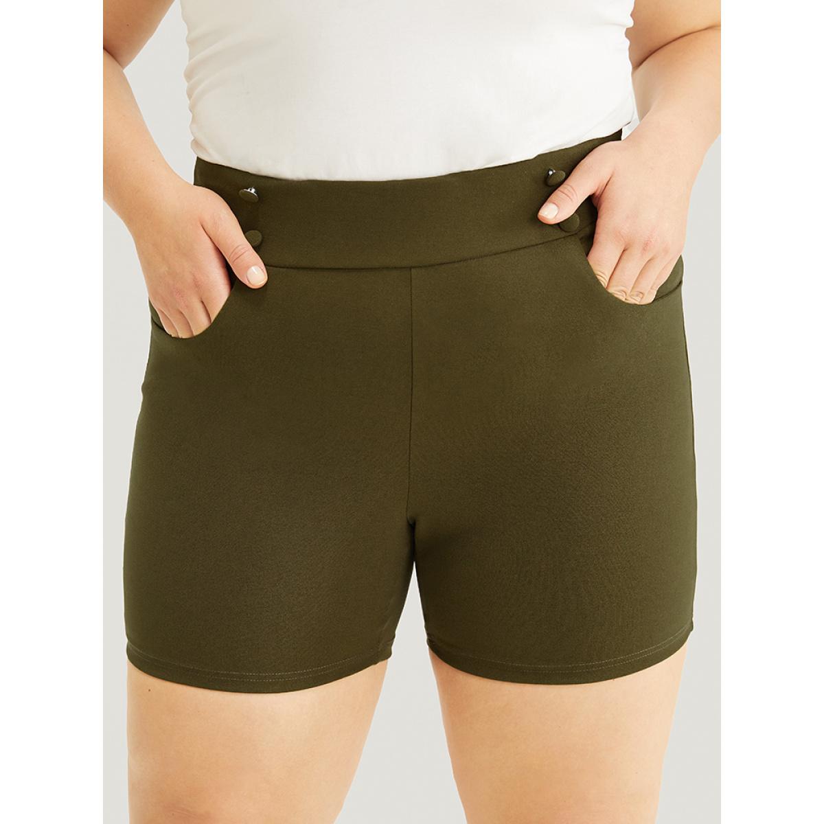 Plus Size Solid Elastic Waist Button Detail Pocket Shorts Women ArmyGreen Elegant High stretch Bodycon Mid Rise Dailywear Leggings BloomChic 22-24/3X Product Image