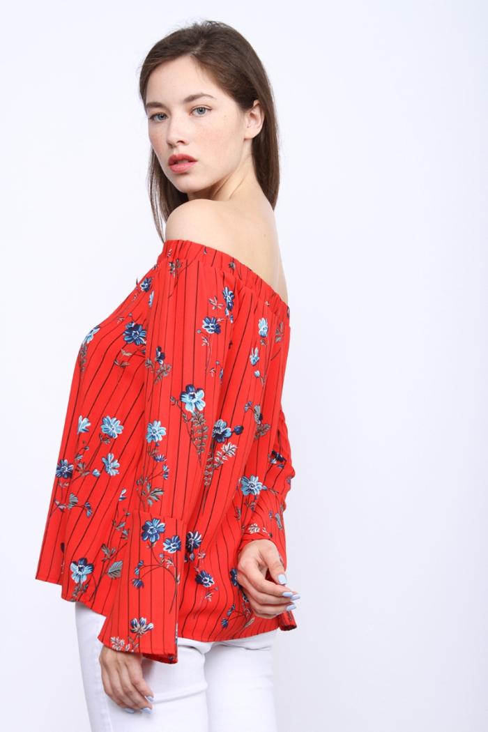 Red Off Shoulder Floral Top Product Image
