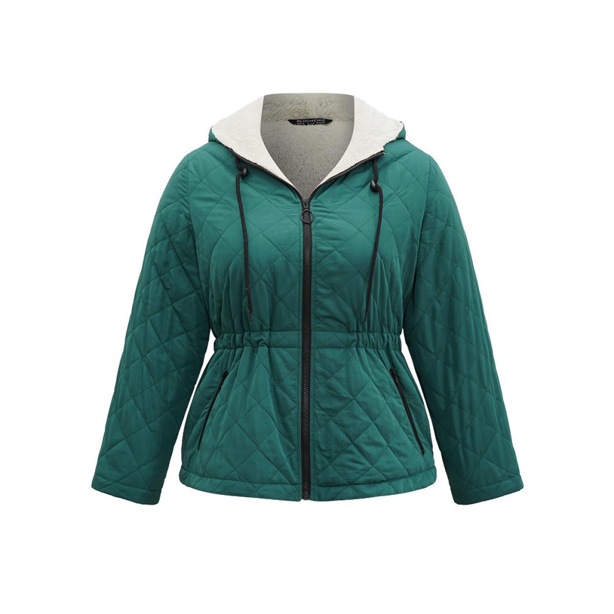 Plus Size Drawstring Quilted Zipper Fluffy Patchwork Jacket Women DarkGreen Texture Pocket Everyday Jackets BloomChic 14-16/1X Product Image