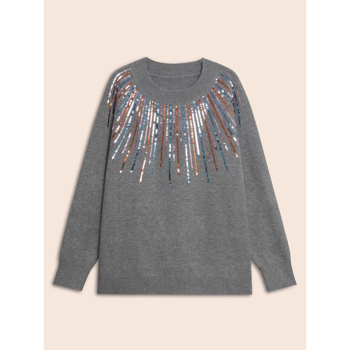 Plus Size Supersoft Essentials Sequin Raglan Sleeve Pullover DimGray Women Casual Loose Long Sleeve Round Neck Everyday Pullovers BloomChic 18-20/2X Product Image