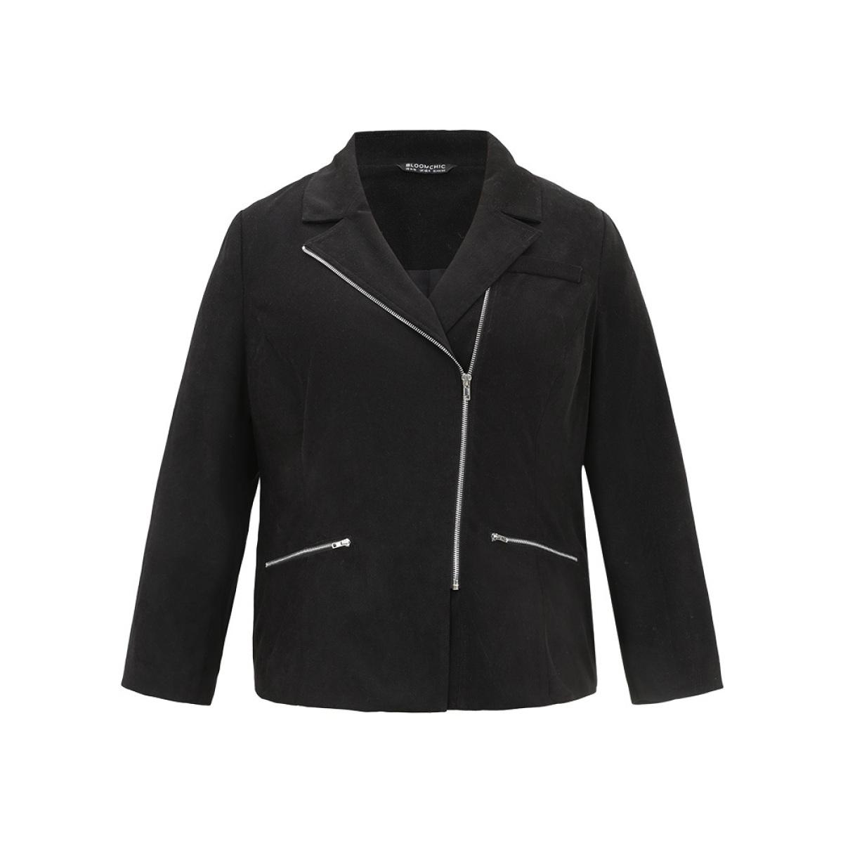 Plus Size Solid Corduroy Zipper Lapel Collar Blazer Black Women Office Plain Lined Sleeve Long Sleeve Lapel Collar 26/4X Pocket At the Office Blazers BloomChic Product Image