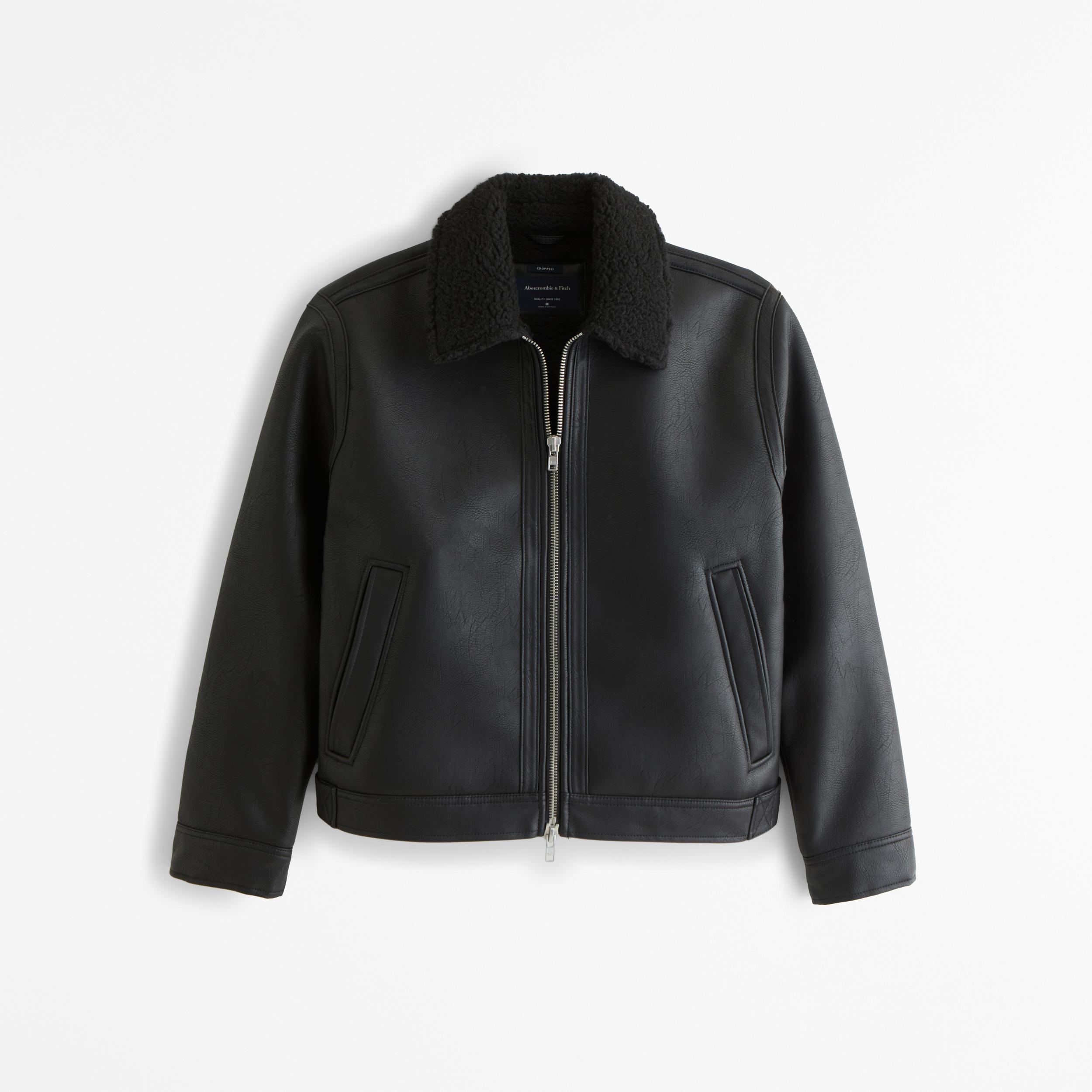 Cropped Sherpa-Lined Vegan Leather Aviator Jacket Product Image