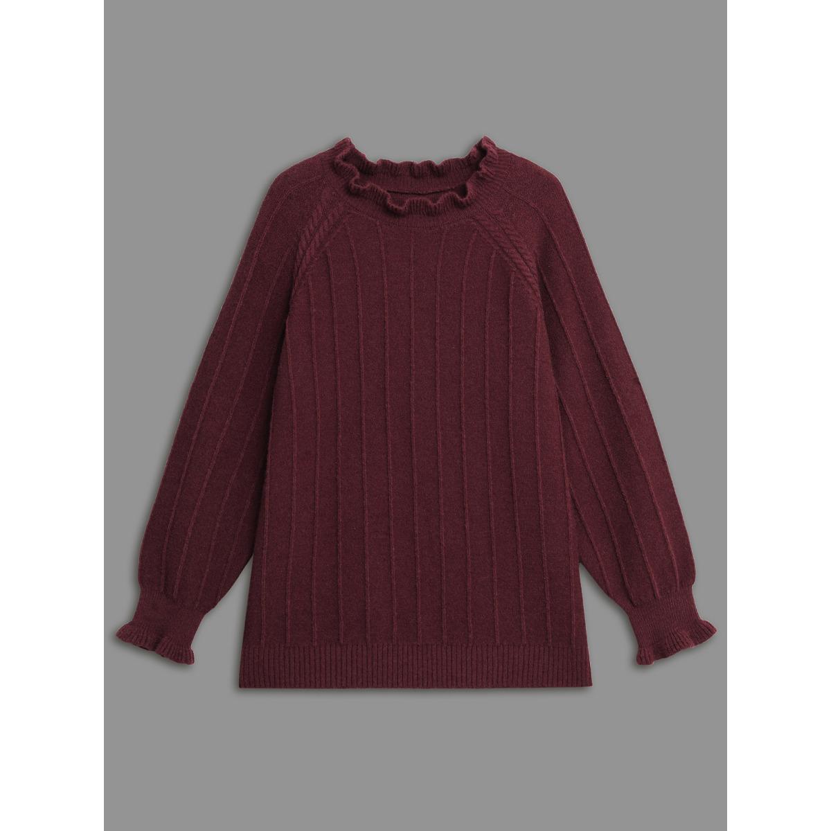 Plus Size Supersoft Essentials Ruffles Neck Raglan Sleeve Pullover Deeppurplered Women Casual Loose Long Sleeve Round Neck Everyday Pullovers BloomChic 14-16/1X Product Image