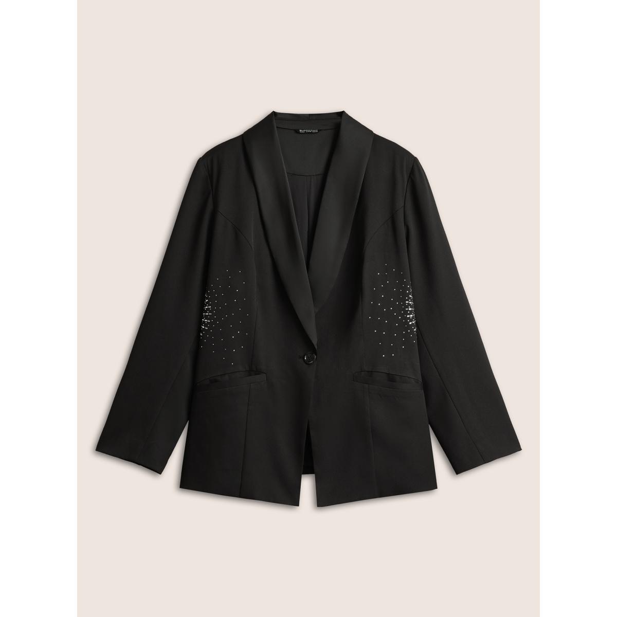 Plus Size Rhinestone Detail Patched Pocket Button Up Blazer Black Women Party Plain Non Sleeve Long Sleeve Suit Collar 28/5X Single-flap pocket Cocktail Blazers BloomChic Product Image