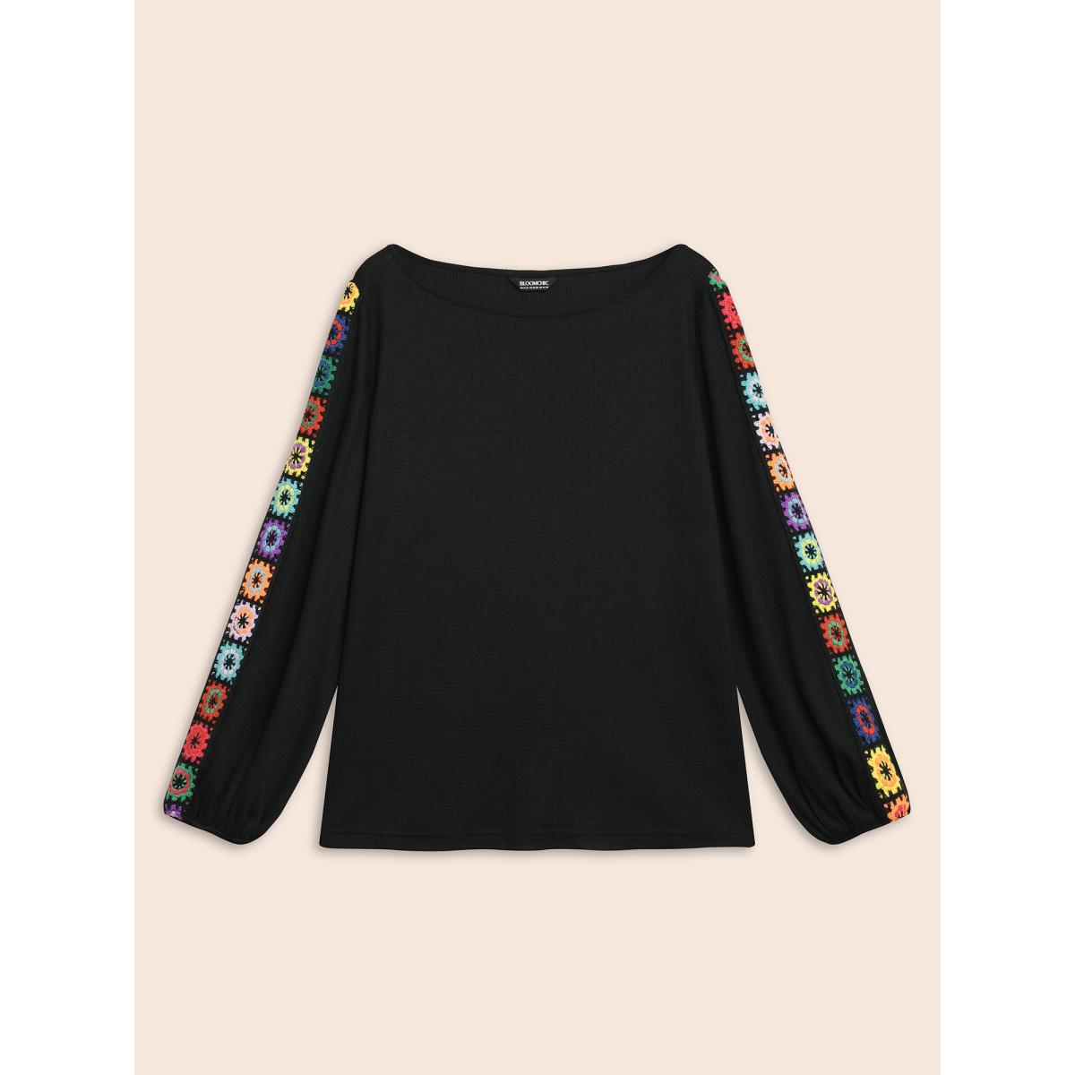 Plus Size Crew Neck Patchwork Crochet Floral T-shirt Black Women Casual Woven ribbon&lace trim Non Everyday T-shirts BloomChic 10/M Product Image