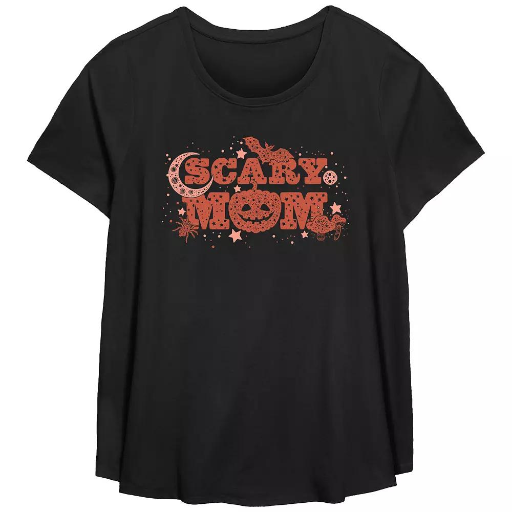 Women's Plus Size Scary Mom Scoop Hem Flowy Graphic Tee, Size: 1XL, Black Product Image