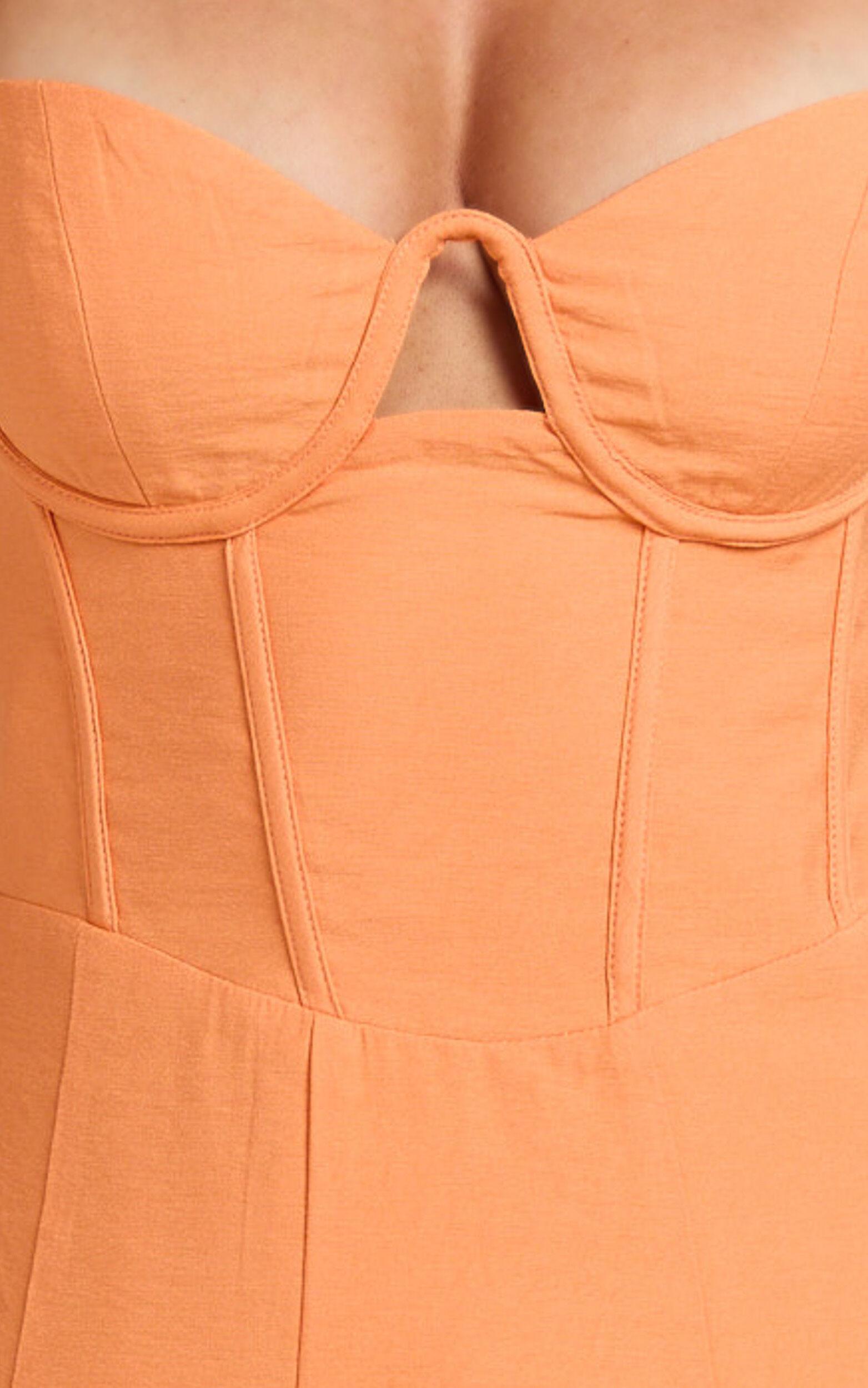Amalie The Label - Ray Corset Panel Tie Back Midi Linen Blend Dress in Orange Product Image
