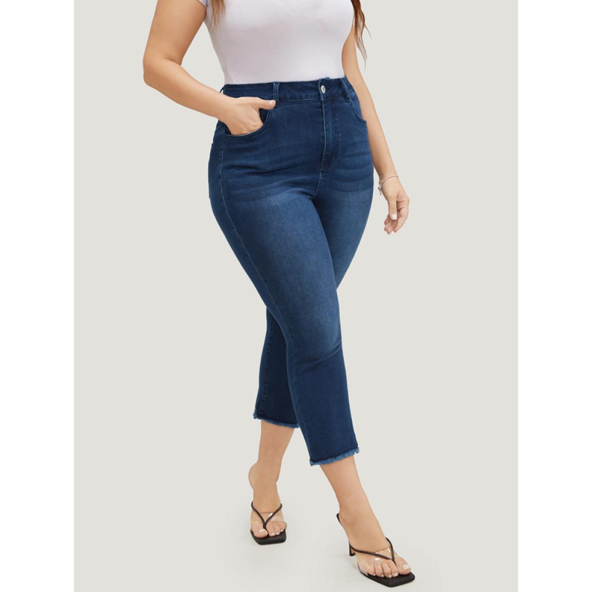 Plus Size Very Stretchy High Rise Dark Wash Raw Hem Cropped Jeans Women DarkBlue Casual Plain High stretch Pocket Jeans BloomChic 10/M Product Image