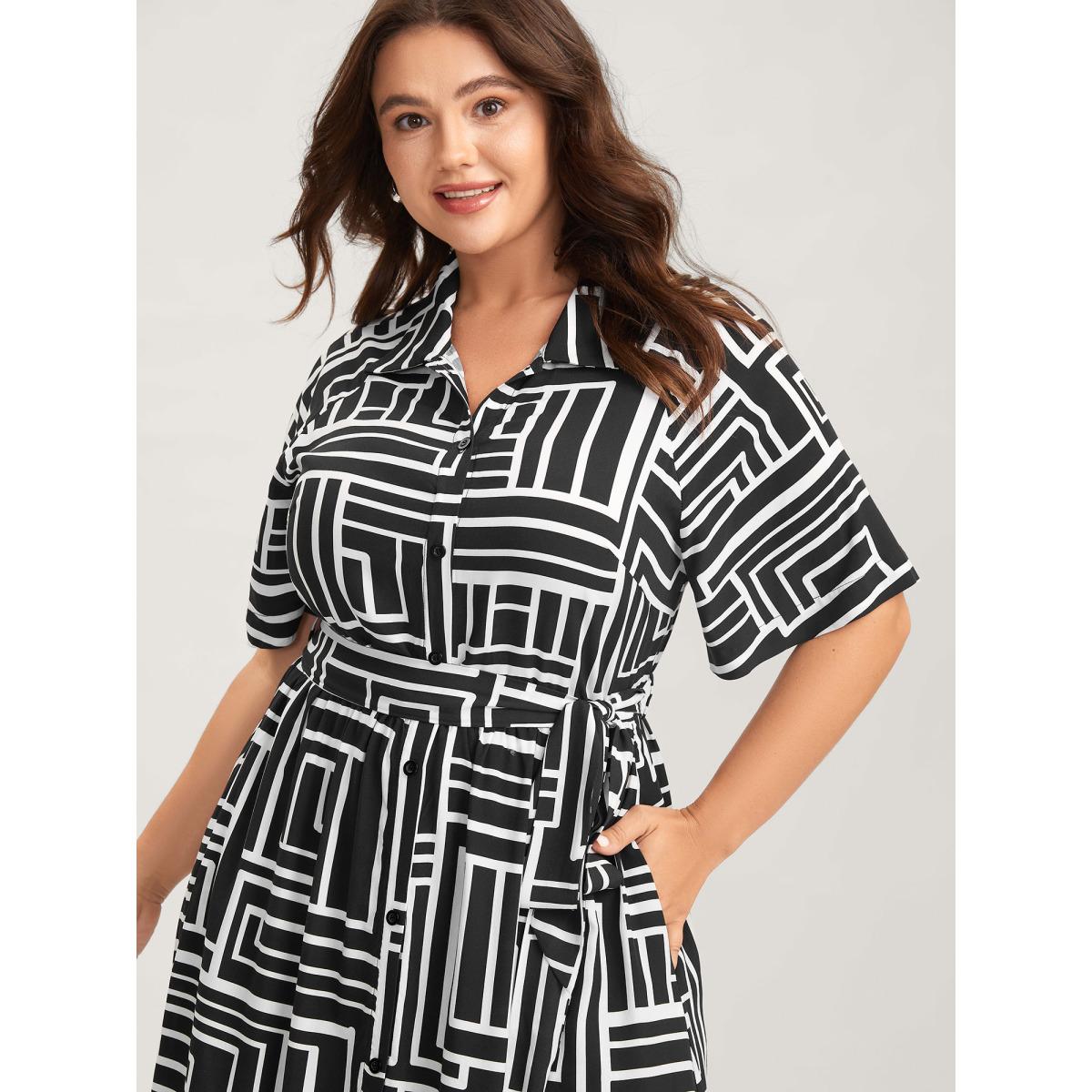 Plus Size Geometric Print Monochrome Shirt Dress Black Women Shirt collar Short sleeve Curvy BloomChic 14-16/1X Product Image