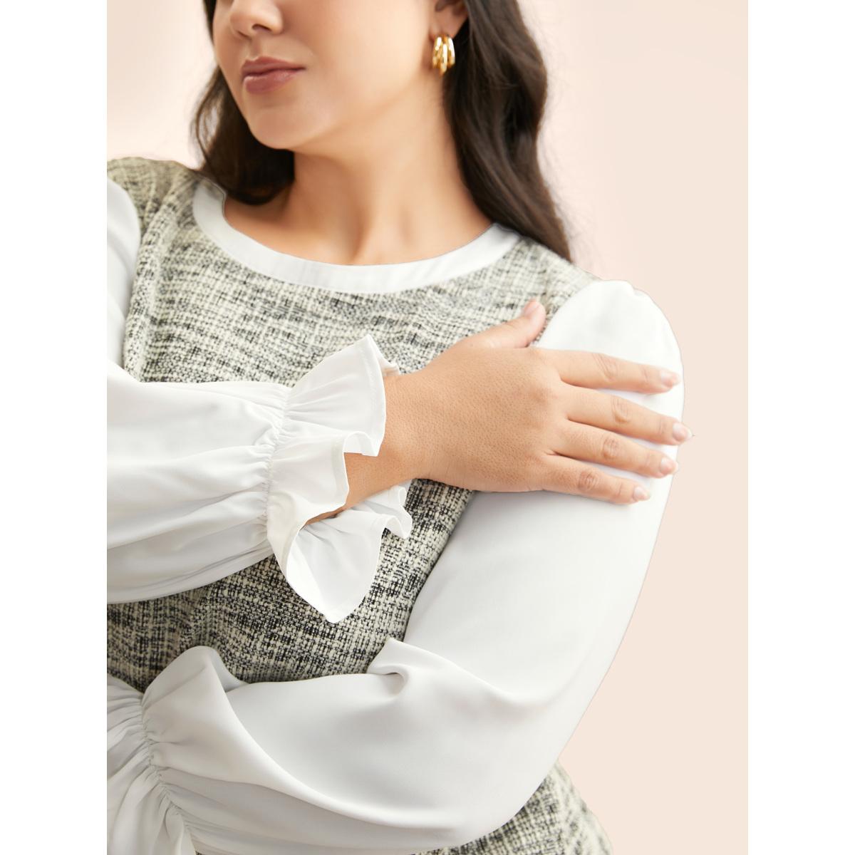 Plus Size Originalwhite Tweed Patchwork Gathered Lantern Sleeve Blouse Women Elegant Long Sleeve Round Neck Everyday Blouses BloomChic 14-16/1X Product Image