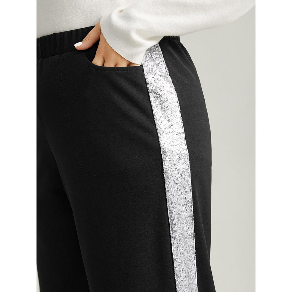 Plus Size Sequin Patchwork Pocket Wide Leg Pants Women Black Glamour Wide Leg High Rise Festival-Christmas Pants BloomChic 12/L Product Image