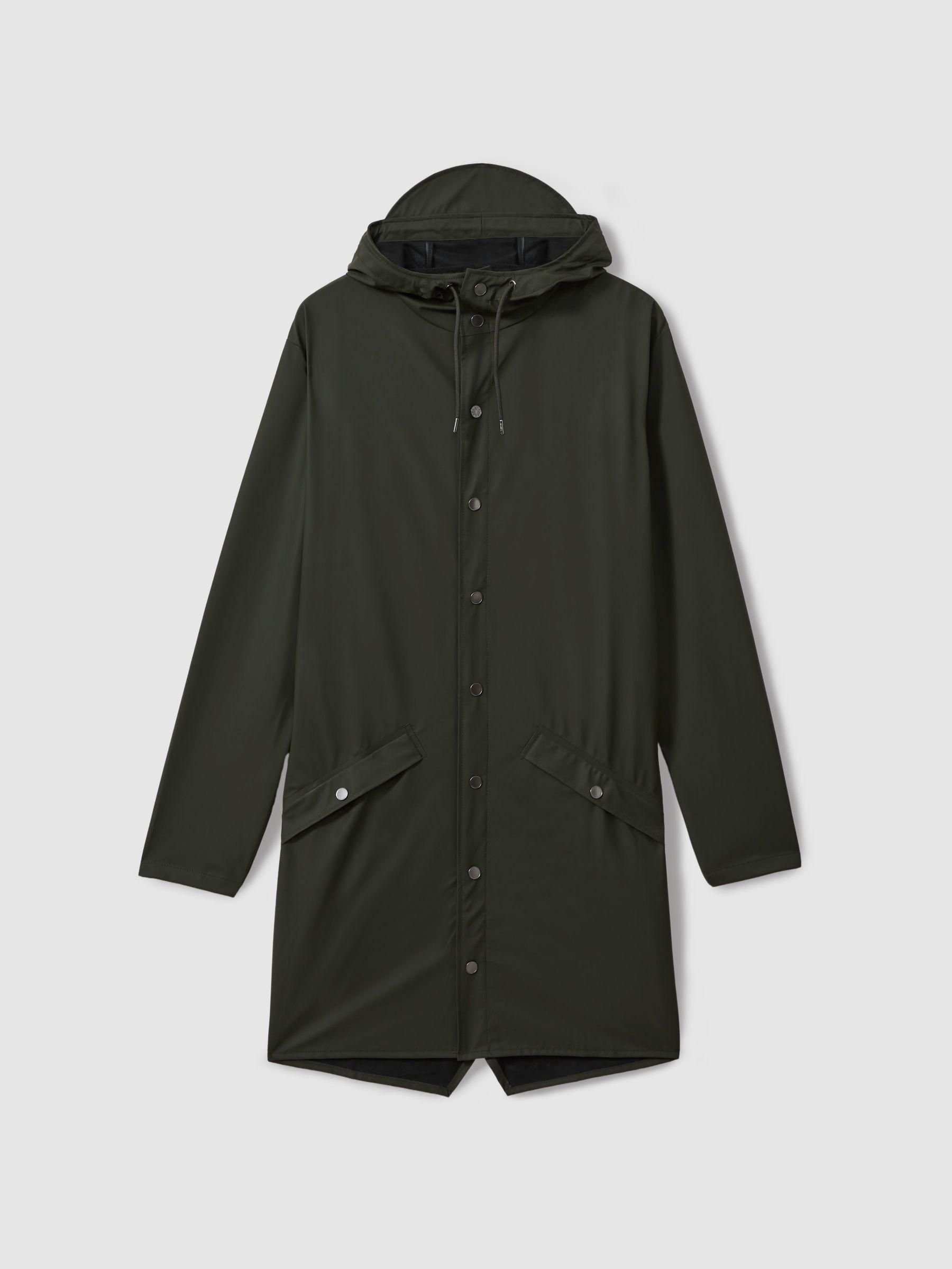 Rains Longline Hooded Raincoat in Dark Green Product Image