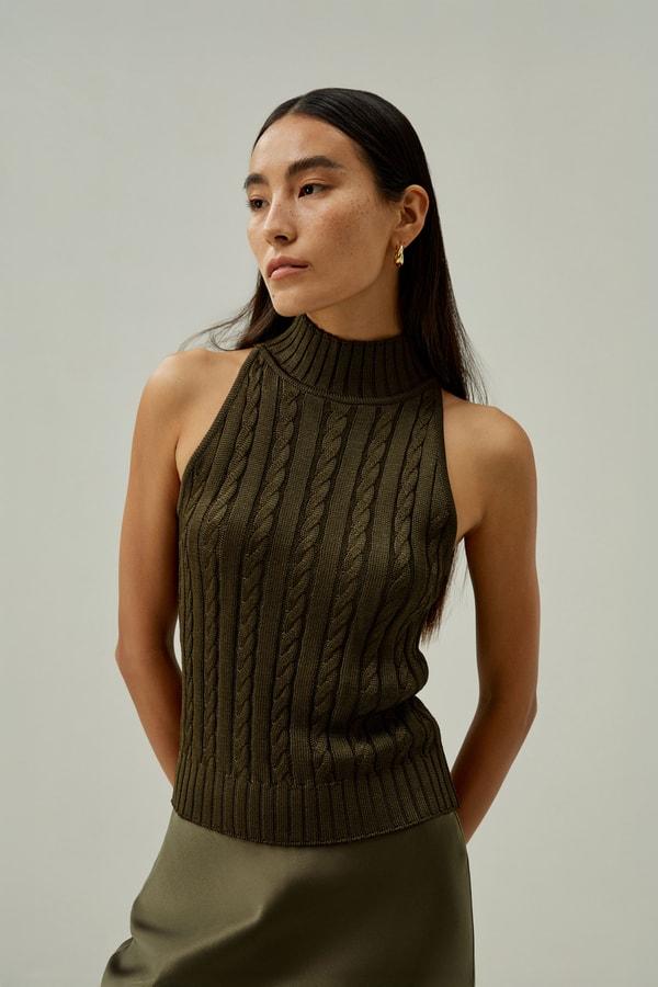 Classic High-Neck Cable-Knit Sleeveless Top Product Image