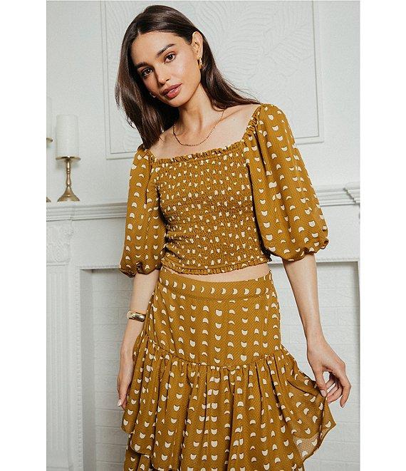 Skies Are Blue Chiffon Print Square Neck Short Puff Sleeve Coordinating Cropped Top Product Image