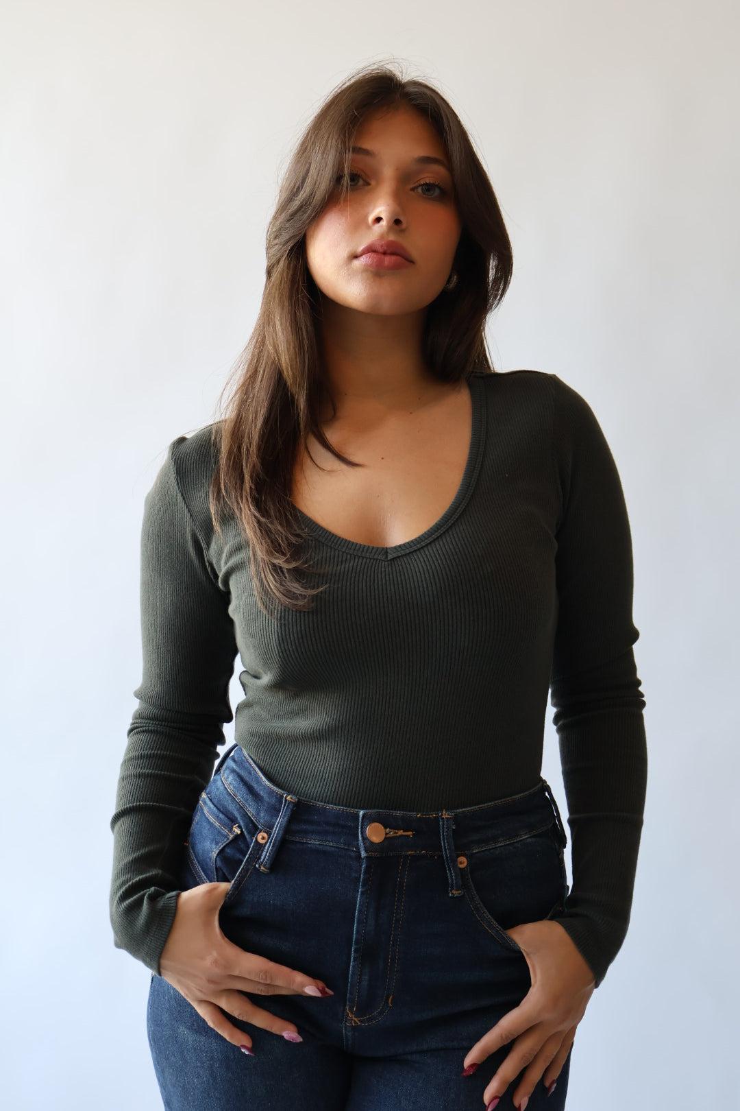 Dear John Denim Marlowe Ribbed V Neck Fitted Top Product Image