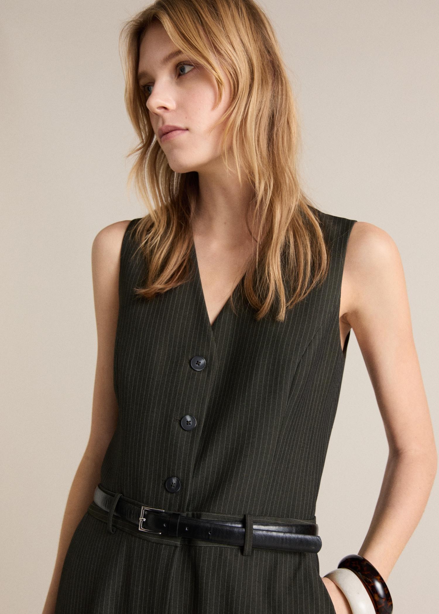 Pinstripe jumpsuit with belt - Women | MANGO USA Product Image
