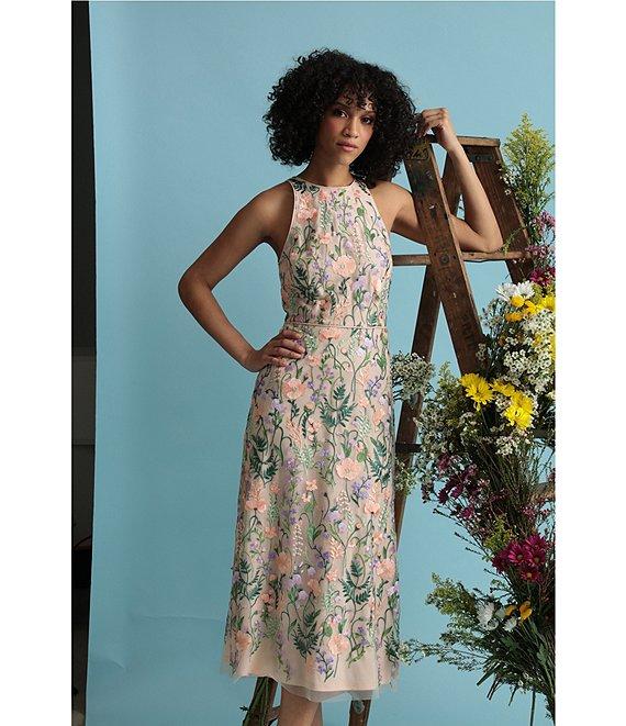 Maggy London Floral Embroidery Halter Neck Sleeveless Plunge Back Detail Midi Dress Product Image